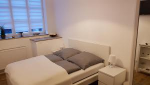 a bed in a room with a window at Miniapartment am Dalberg in Aschaffenburg