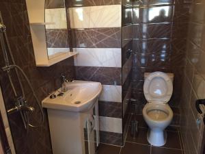 a bathroom with a toilet and a sink and a shower at Guest House Afrodita in Chernomorets