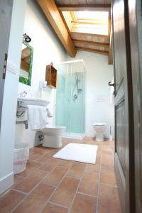 a bathroom with a shower and a toilet and a sink at Molino Monacelli Country House in Fano