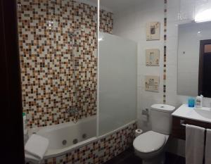 a bathroom with a toilet and a shower and a sink at Hotel Rural Palacio de Galceran in Sotiello