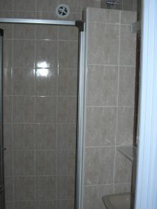 a bathroom with a shower with a glass door at Auberge La Cleida in Névache