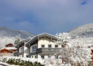 ピーゼンドルフにあるChalet Bergbachの山々を背景に雪に覆われた家