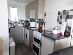 a kitchen with a sink and a stove top oven at Lighthouse Chalet in Lowestoft