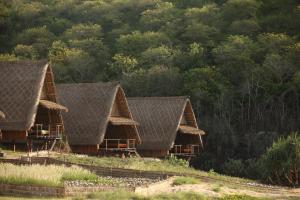 a group of huts with trees in the background at Jeeva Beloam Beach Camp in Tanjung Ringgit