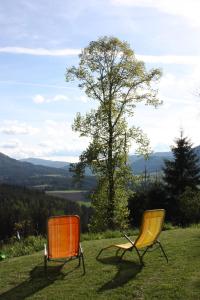 two chairs sitting on top of a grass field at Stillbacherhütte in Mariahof