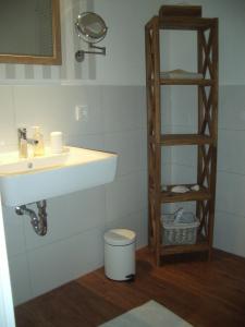 a bathroom with a sink and a wooden shelf at Port Sea Shell in Eckernförde