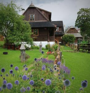 einen Garten vor einem Holzhaus mit lila Blumen in der Unterkunft penzion Drevenica in Šumiac