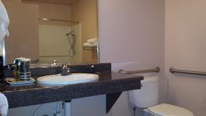 a bathroom with a sink, toilet and mirror at The Noor Hotel in Torrey