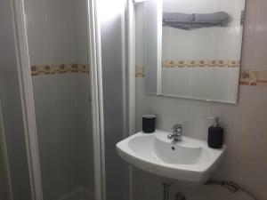 La salle de bains est pourvue d'un lavabo, d'un miroir et d'une douche. dans l'établissement Sol y mar, à Arinaga