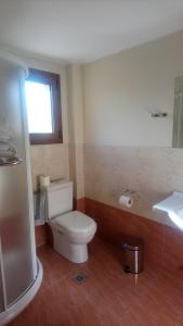 a bathroom with a toilet and a shower and a sink at Hotel Pelasgos in Karítaina