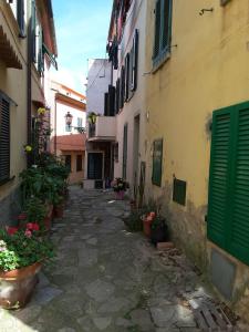an alley in an old town with green doors and potted plants at Appartamento Poggio Romantico Andrea in Marciana