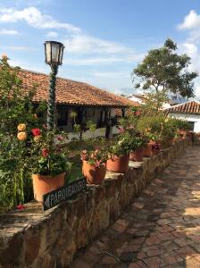 a row of potted plants on a stone wall at HOTEL CAMPESTRE LA CASONA VILLA de LEYVA in Villa de Leyva