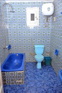 a bathroom with a blue toilet and a tub at Fontana Luxor Hostel in Luxor