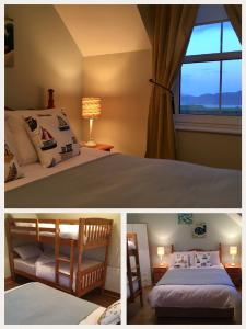 two pictures of a bedroom with a bed and a window at No 4 Ballymastoker Cottage in Portsalon