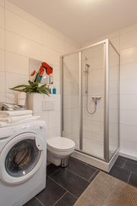 a bathroom with a washing machine and a shower at Wohnen an der Juliuspromenade Stadt in Würzburg