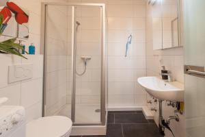 a bathroom with a shower and a toilet and a sink at Wohnen an der Juliuspromenade Stadt in Würzburg
