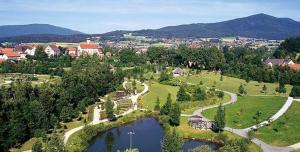 una vista aérea de un parque con un lago en Haus Bergblick Bay. Wald en Prackenbach