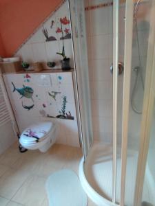 een badkamer met een douche en een toilet bij Apartmán Pod lesem in Lipova Lazne
