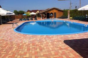 una gran piscina azul con sillas y sombrillas en Hotel Denis, en Daneş