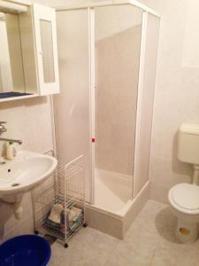 a bathroom with a shower and a toilet and a sink at Apartman Gracin in Primošten +8 photos