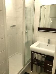 uma casa de banho com um chuveiro e um lavatório. em My Trip in Paris - Turgot em Paris