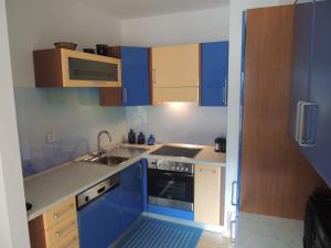 eine kleine Küche mit blauen Schränken und einem Waschbecken in der Unterkunft Apartma Bovec in Bovec