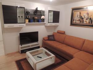 a living room with a couch and a tv at Apartma Bovec in Bovec