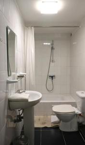 La salle de bains est pourvue d'un lavabo, de toilettes et d'une douche. dans l'établissement Apartments Marco Polo Midi, à Bruxelles