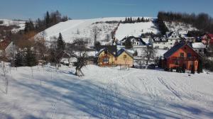 a snow covered village with houses and a mountain at Domek u Basi in Grywałd