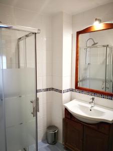 a bathroom with a sink and a shower with a mirror at Hostal Alcántara in Avila