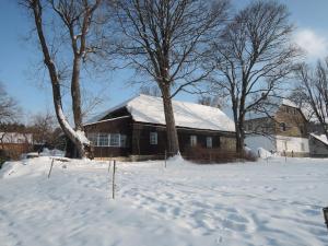 a house covered in snow in a yard with trees at Chalupa na Šumavě in Javorná