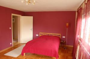 Schlafzimmer mit roten Wänden und einem Bett mit einer roten Decke in der Unterkunft DaMIsa House in Metzingen