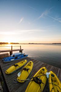 a group of yellow kayaks sitting on a dock at Harbour Hotel & Spa Christchurch in Christchurch