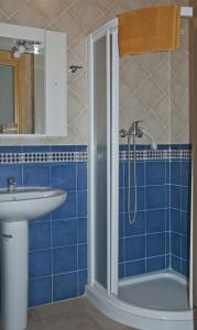 ルイデラにあるCasa Ruyderaの青いタイル張りのバスルーム(シャワー、シンク付)