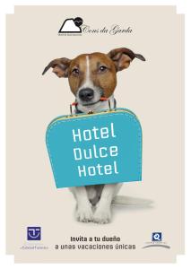 um cartaz de um cão com uma placa de hotel duque em Hotel & Apartamentos Cons da Garda em San Vicente de O Grove
