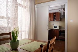 uma cozinha com uma mesa com um vaso de flores em ECOmfort Apartment em Kecskemét