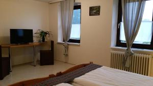 1 dormitorio con 1 cama, TV y ventanas en Locvillare, en Wadern