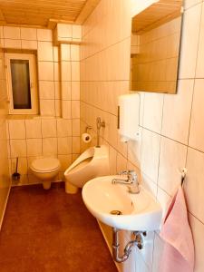 クアオルト・ラーテンにあるFerienwohnung Am Grünbachのバスルーム(洗面台、トイレ付)