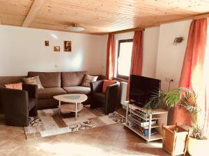 a living room with a couch and a tv at Ferienwohnung Am Grünbach 1 in Kurort Rathen