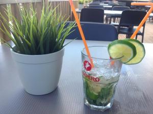 a drink in a glass next to a potted plant at B&B Marianne in Binche