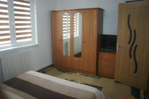 マンガリアにあるApartament Mozaicのベッドルーム(ベッド1台、キャビネット、テレビ付)