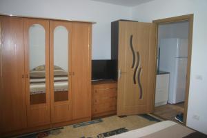 マンガリアにあるApartament Mozaicのベッドルーム(木製キャビネット、テレビ付)