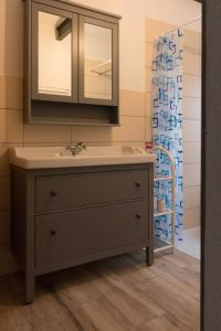W łazience znajduje się umywalka i lustro. w obiekcie Gästezimmer w mieście Manschnow