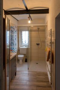 a bathroom with a shower and a toilet at Gästezimmer in Manschnow