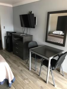 1 dormitorio con escritorio, 1 cama y espejo en SouthTown S.A. Inn, en San Antonio