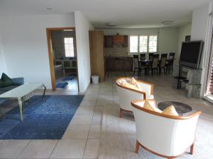 a living room with chairs and a table and a tv at Hotel Schoenau in Wohlen