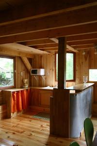 a kitchen in a cabin with wooden walls and wood floors at Domaine de la Queyrie in Sarlat-la-Canéda