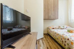 sala de estar con TV de pantalla plana grande y sofá en Apartments Anastasija, en Herceg-Novi