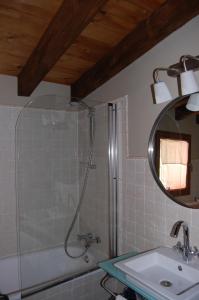 y baño con ducha, lavabo y espejo. en Molino De La Ferrería en Villacorta