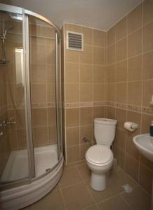 a bathroom with a toilet and a shower and a sink at Lyon Hotel İstanbul in Istanbul